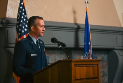 U.S. Air Force Brig. Gen. Houston Cantwell, Commander, Jeanne M. Holm Center, emphasizes the important role warrant officers will be filling in an era of Great Power Competition, during the Warrant Officer Training School (WOTS) activation ceremony at Maxwell Air Force Base, Alabama, June 28, 2024.