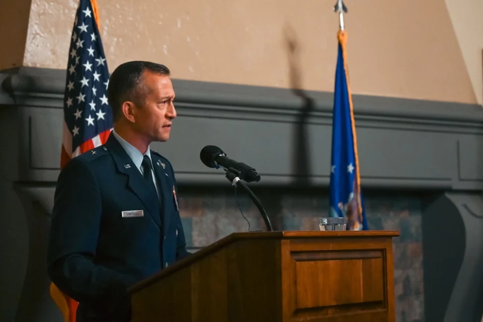 U.S. Air Force Brig. Gen. Houston Cantwell, Commander, Jeanne M. Holm Center, emphasizes the important role warrant officers will be filling in an era of Great Power Competition, during the Warrant Officer Training School (WOTS) activation ceremony at Maxwell Air Force Base, Alabama, June 28, 2024.