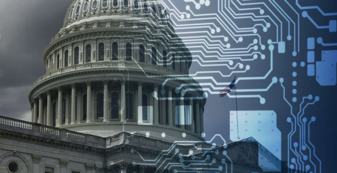 Photo of the United States Capitol with overlayed computer circuitry. The Intersection of freedom and artificial intelligence