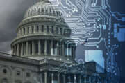 Photo of the United States Capitol with overlayed computer circuitry. The Intersection of freedom and artificial intelligence