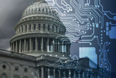 Photo of the United States Capitol with overlayed computer circuitry. The Intersection of freedom and artificial intelligence