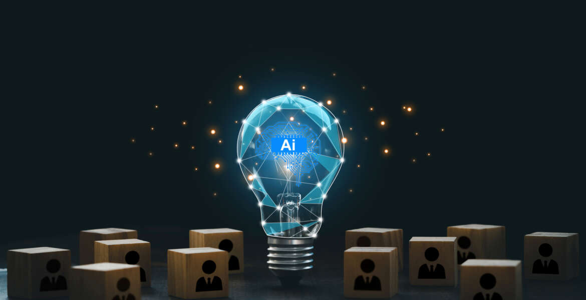 Artificial intelligence innovation. AI adoption and working. AI with a digital brain in a lightbulb with human icons in wooden blocks for AI vs human competition. manage personnel in the organization