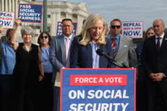 Reps. Abigail Spanberger (D-Va.) and Garret Graves (R-Pa.) gathered advocates in front of the Capitol building Wednesday morning, urging a vote to repeal WEP and GPO, two provisions that reduce Social Security benefits for certain public servants. After just one week, the lawmakers’ discharge petition to push the Social Security Fairness Act to a floor vote reached the 218 required signatures. (Abigail Spanberger staff photo)