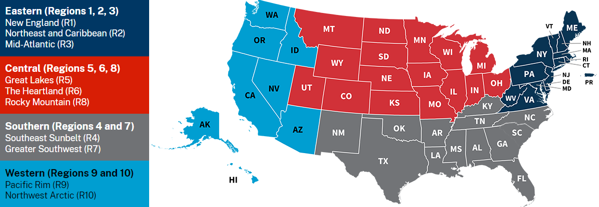 Map of U.S. by FEB region for FEVS story