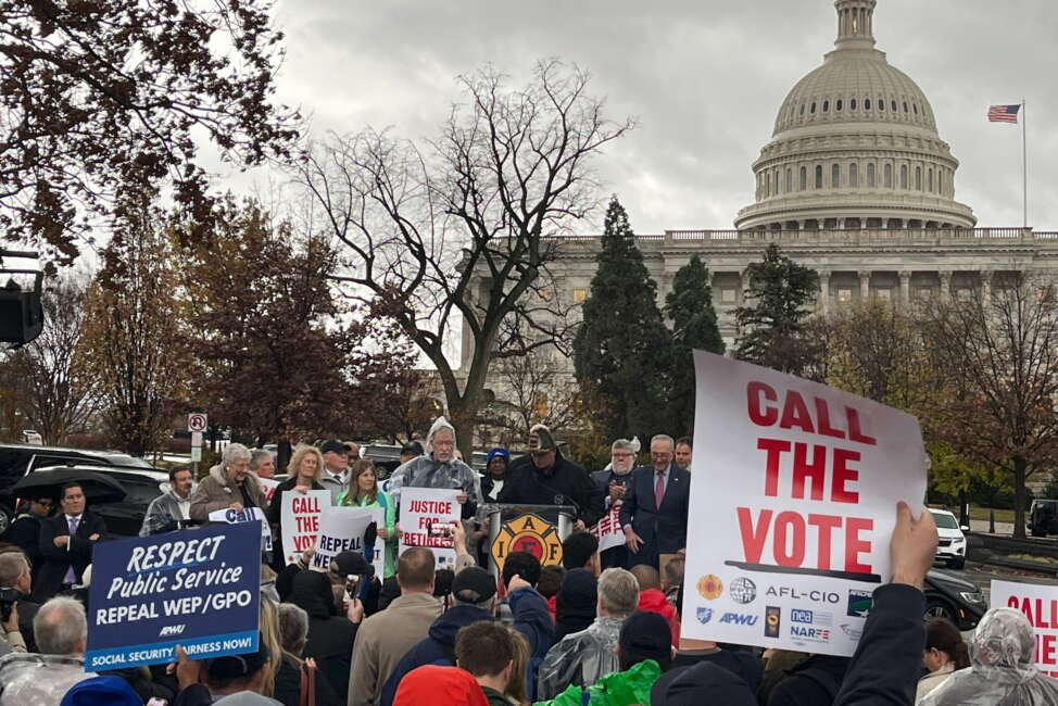 Advocates gather for a rally outside the Capitol Building to call for a Senate vote on the Social Security Fairness Act.