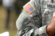 The American flag attached to the American military uniform