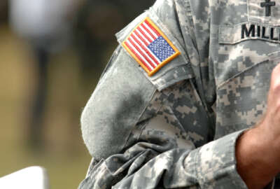 The American flag attached to the American military uniform