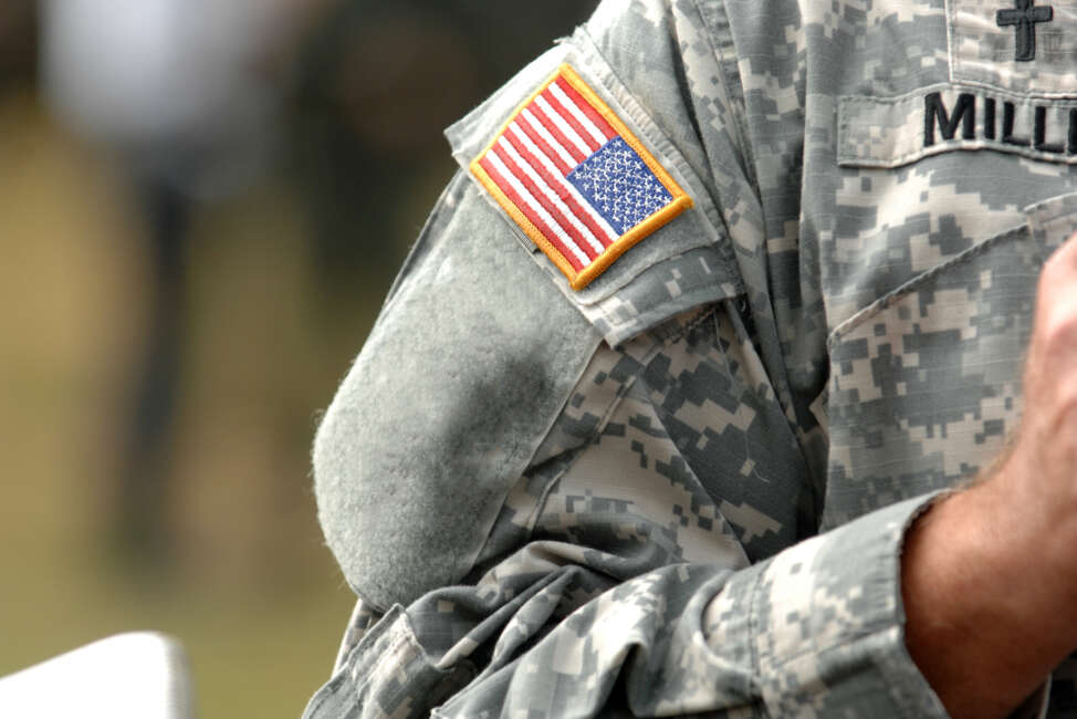 The American flag attached to the American military uniform