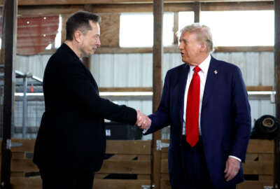 Elon Musk shakes hands with Donald Trump