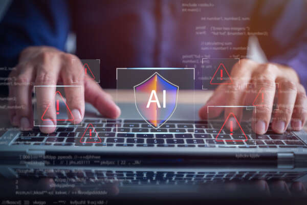 Safety concept, AI shield, warning sign and check mark, safety measures in artificial intelligence system.